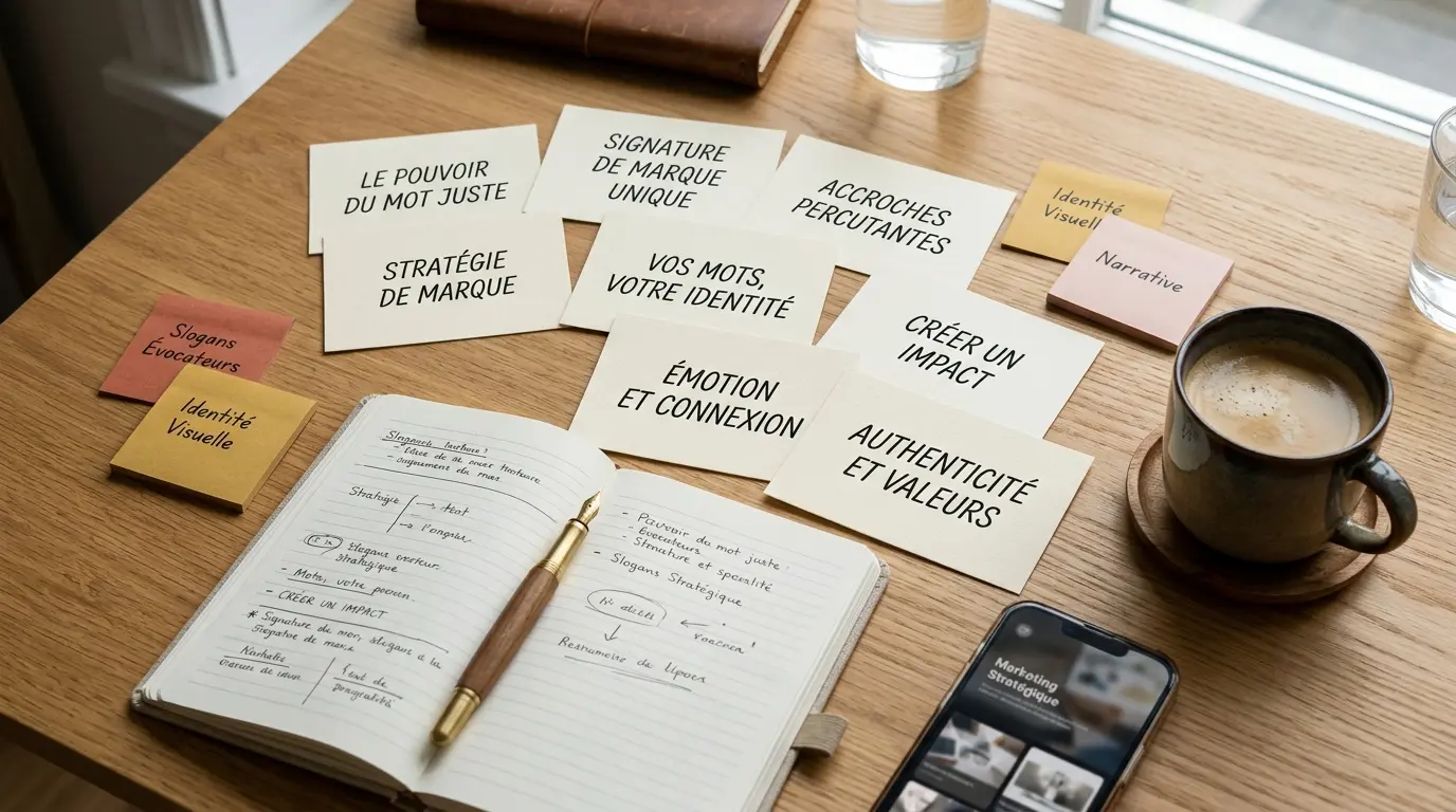 Couverture d'article sur 100 slogan publicitaire, avec un espace de travail moderne et des cartes de slogans éparpillées.
