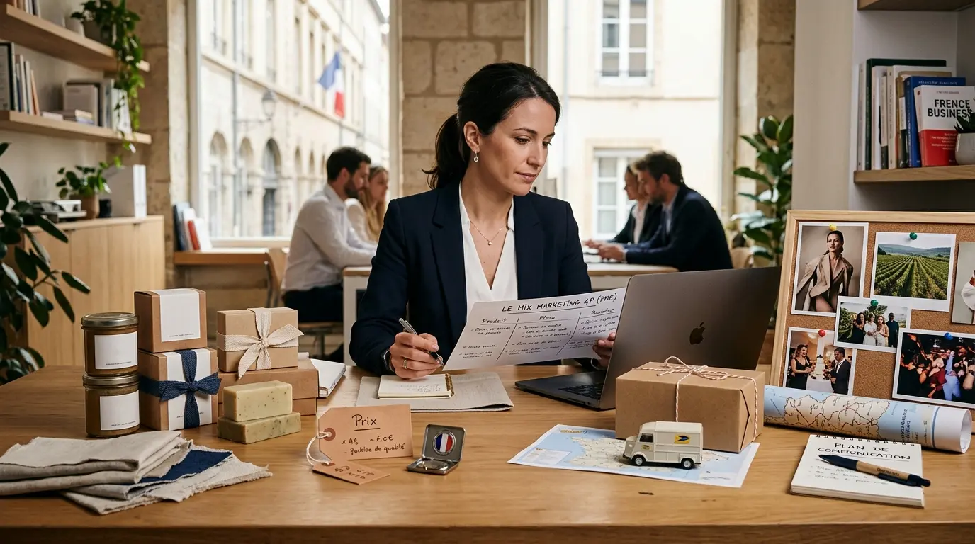 Couverture d'article sur le 4p marketing mix, stratège en bureau moderne examinant un cadre marketing avec objets symboliques.