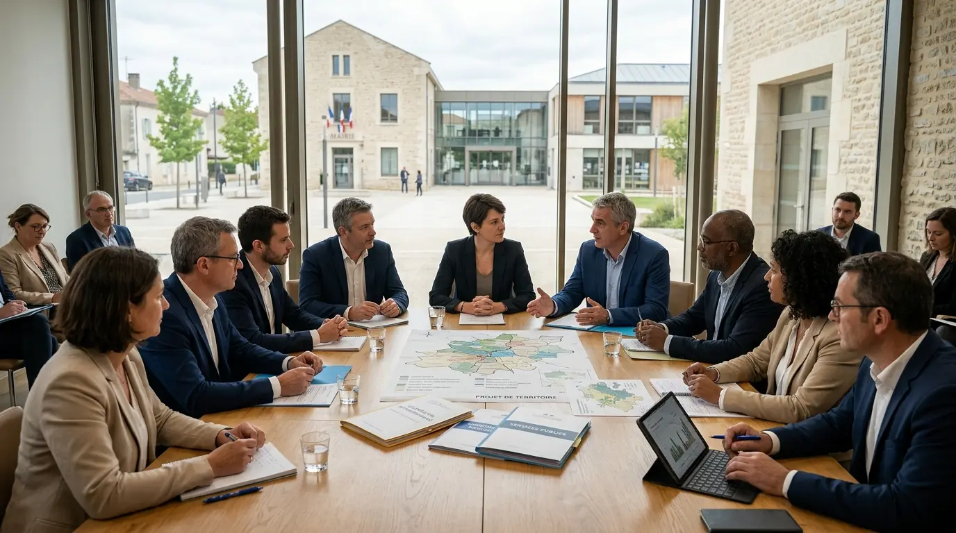 Couverture d'article sur l'adcf, élus et administrateurs discutent autour d'une table, mairie moderne et bâtiments communautaires en arrière-plan.
