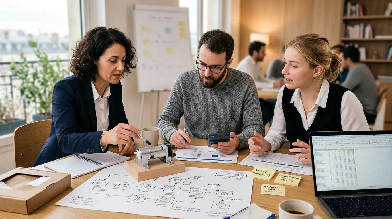 Équipe en réunion sur l'analyse de la valeur, examinant prototype et documents dans un cadre professionnel chaleureux.