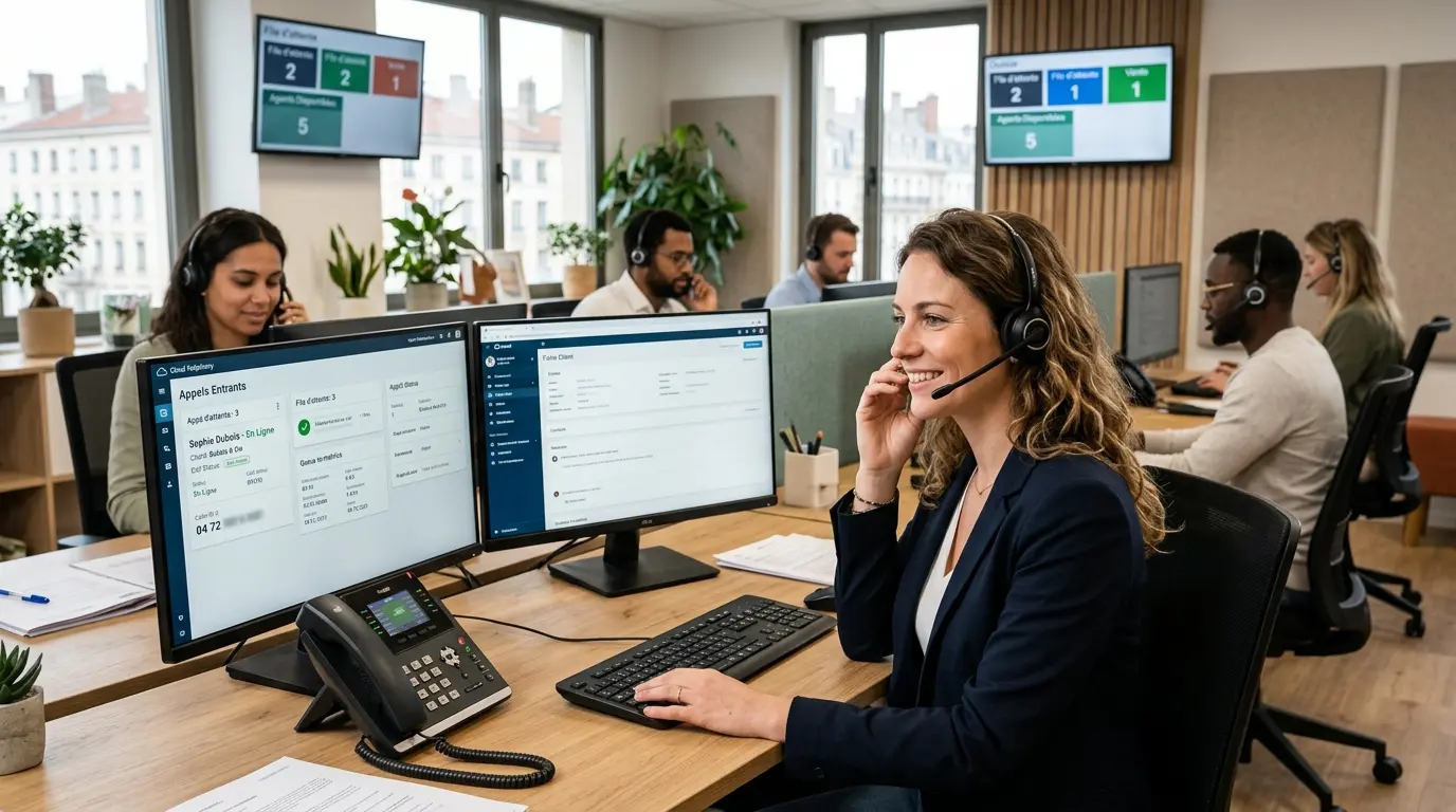 Agent professionnel gérant des appels entrants dans un centre d'appels moderne, ambiance efficace et chaleureuse.