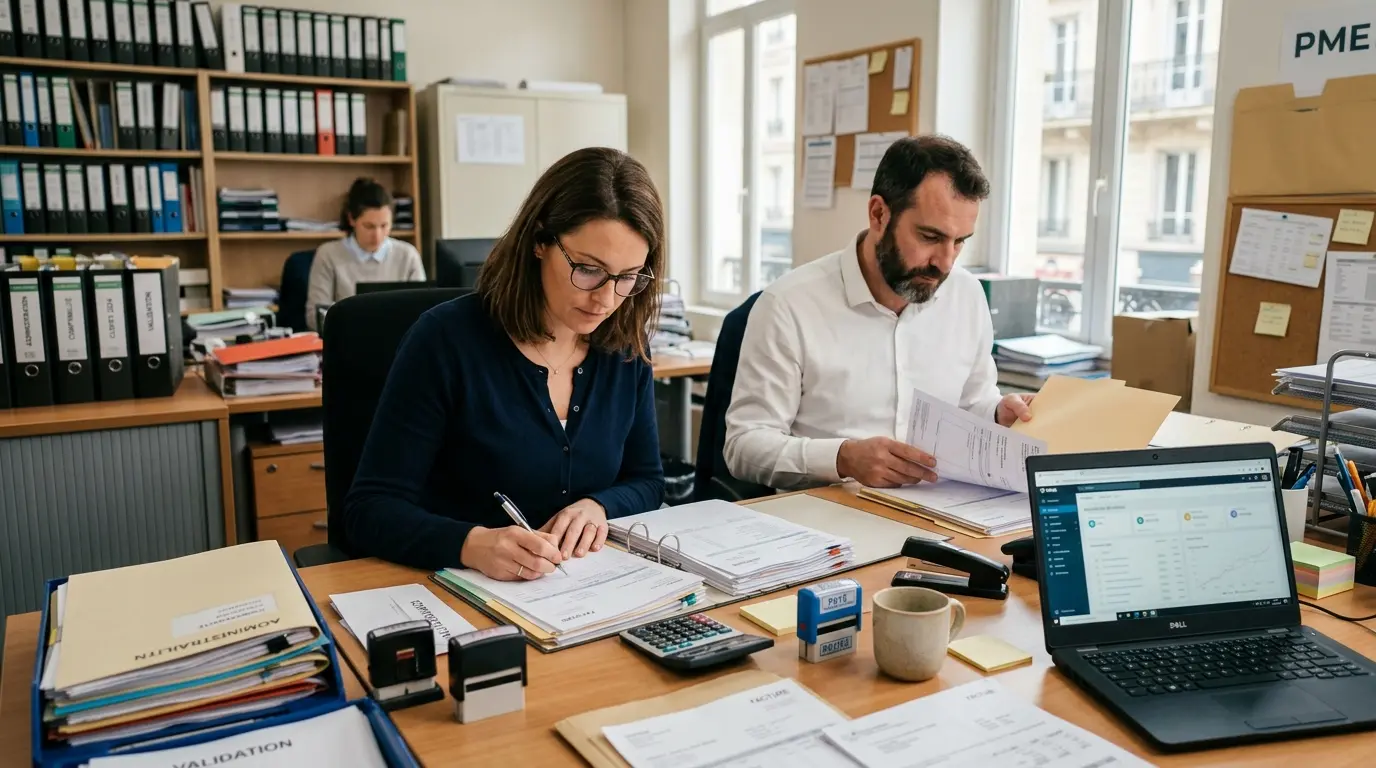 Back office description d'un espace administratif calme avec documents, ordinateur et professionnels en action.