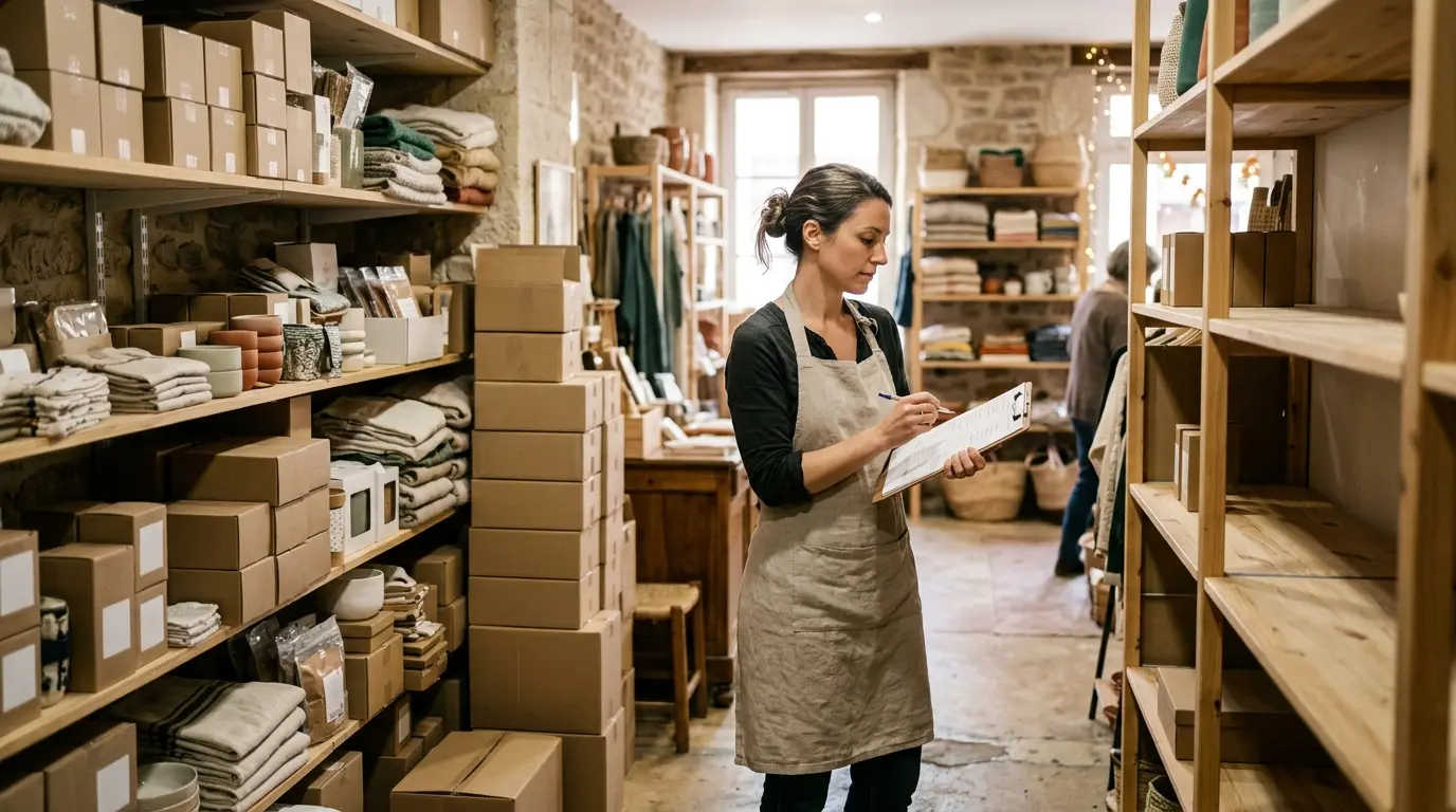 Scène de gestion de stock avec un cadencier, montrant un inventaire organisé entre produits en rupture et surplus.