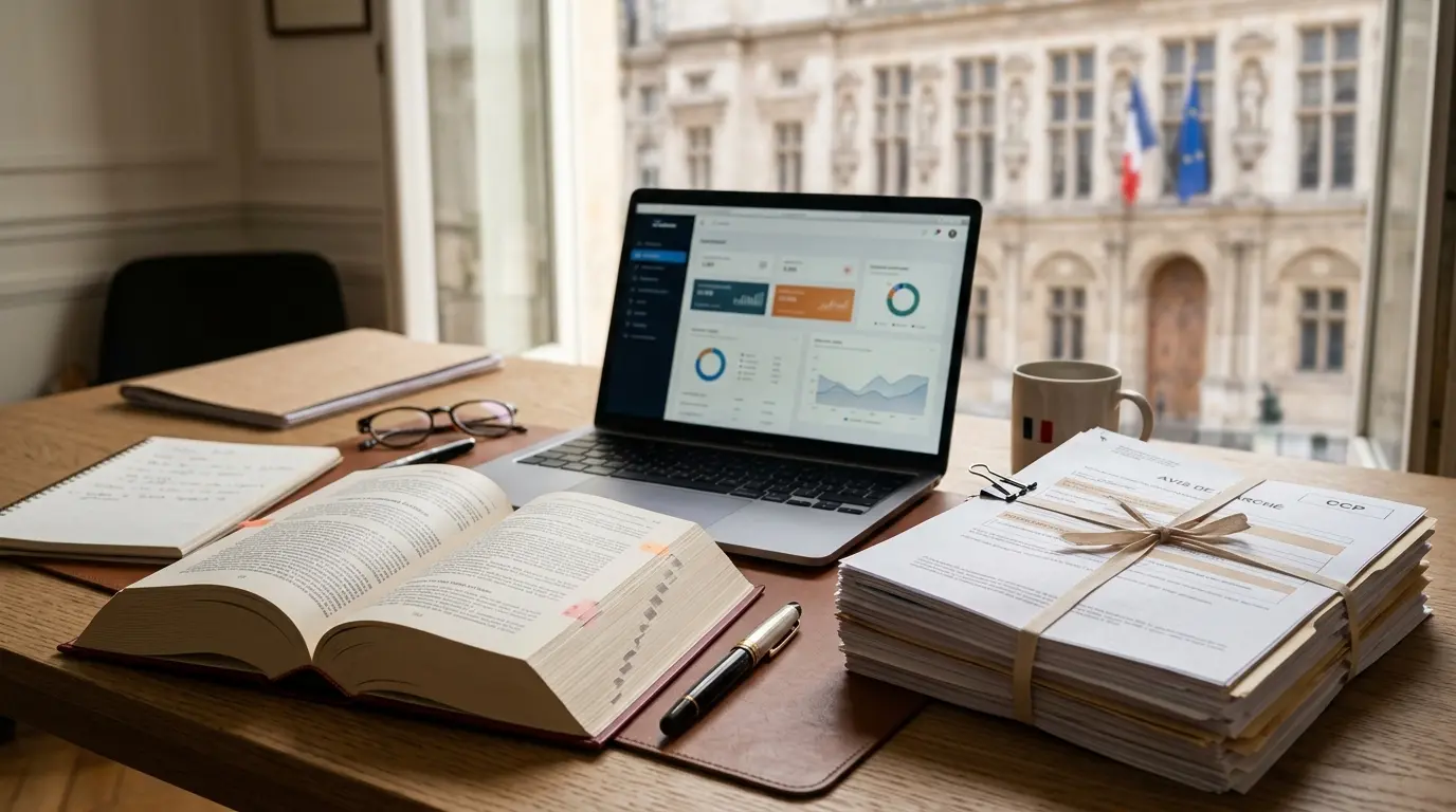 Couverture d'article sur le code des marches publics, bureau moderne avec livre de loi, documents et ordinateur en arrière-plan.