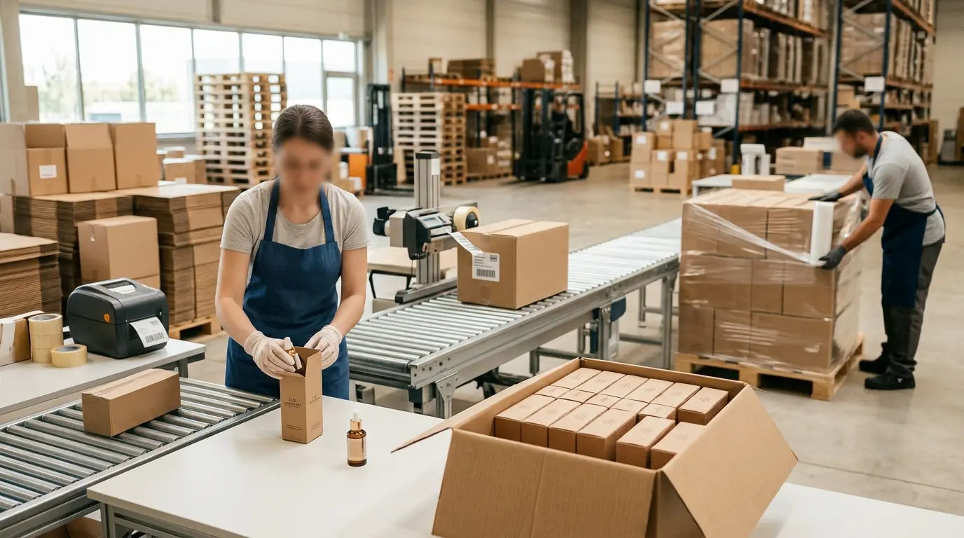 Scène moderne de conditionnement avec produits en préparation, emballages organisés et logistique efficace dans un entrepôt.