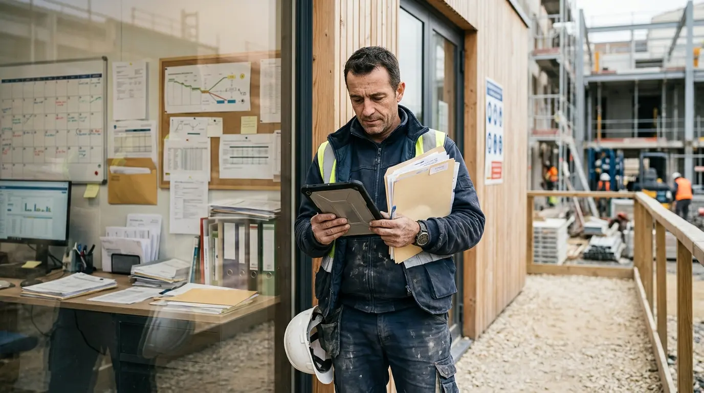 BTP worker en tenue, tenant un dossier près d'un bureau, illustrant la gestion des congés payés du bâtiment.