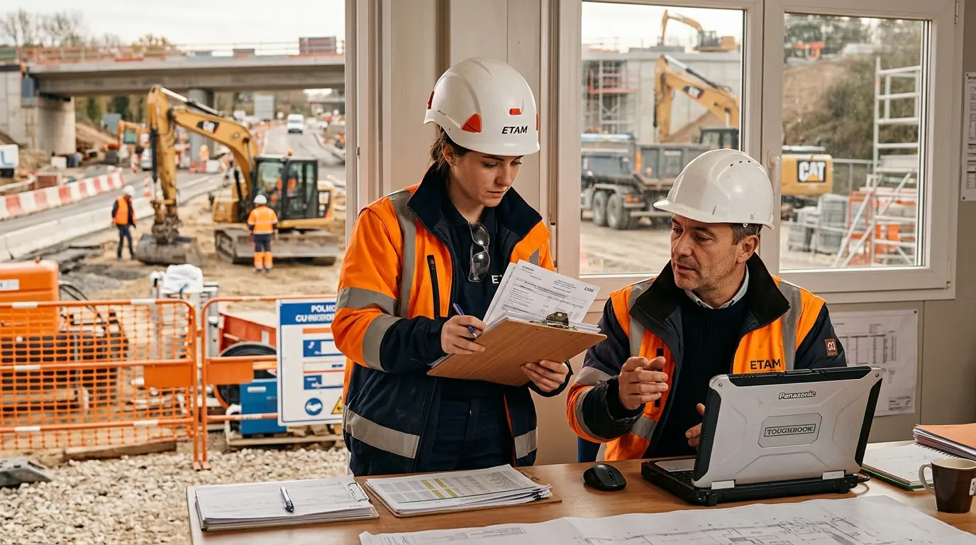 Technicien ETAM en casque examinant des documents sur un chantier, illustrant la convention collective des travaux publics etam.