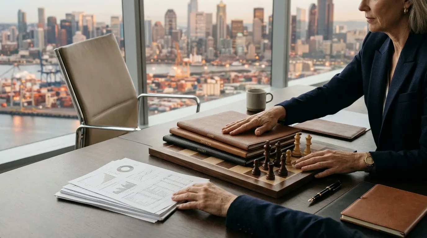 Couverture d'article sur la corporate stratégie, montrant un cadre d'affaires moderne avec un exécutif analysant des portefeuilles.