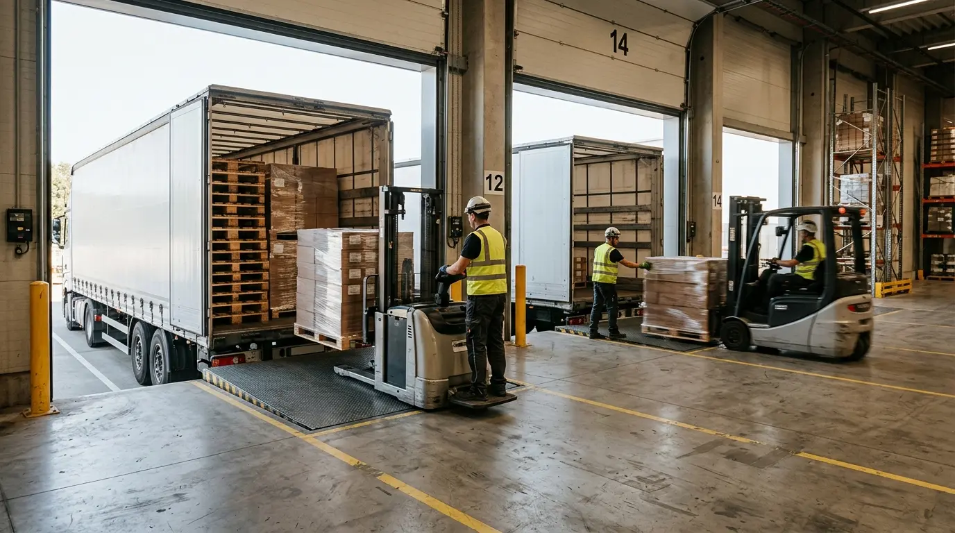 Cross docking dans un entrepôt moderne avec camions, palettes transférées par un chariot élévateur et travailleurs en sécurité.