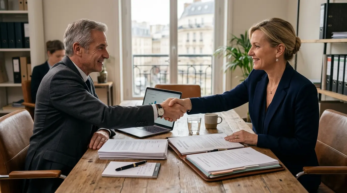 Professionnels en costume se serrant la main autour d'un contrat, illustrant des accords de gre à gre dans un bureau moderne.