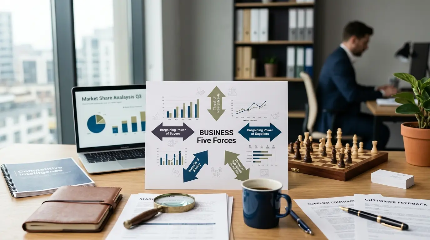 Couverture d'article avec un diagramme de porter sur un bureau moderne, illustrant les forces du marché avec des accessoires stratégiques.