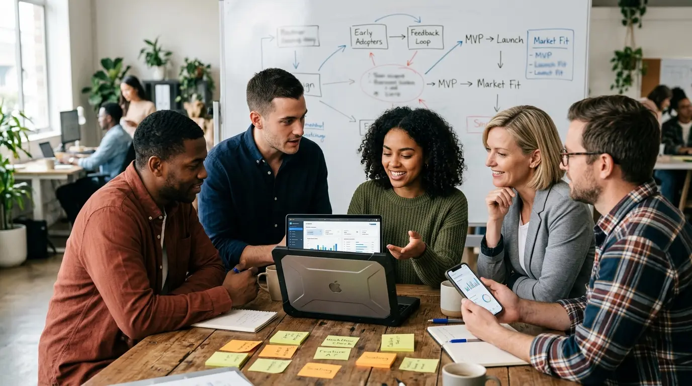 Groupe d'earlier adopters testant un prototype numérique dans un environnement collaboratif moderne, ambiance chaleureuse.