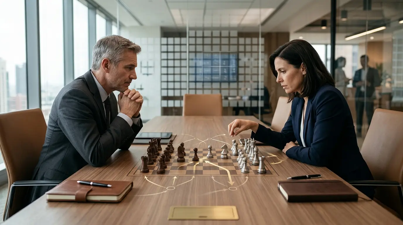Deux décideurs stratégiques face à face sur une table de jeu, illustrant l'équilibre de Nash dans un cadre professionnel.