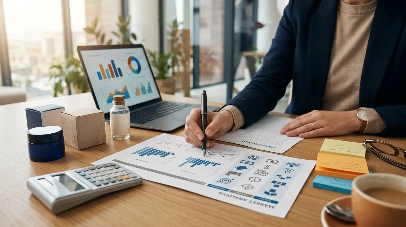 Couverture d'article sur un exemple de etude de marché avec bureau, analyse de données et échantillons de produits.