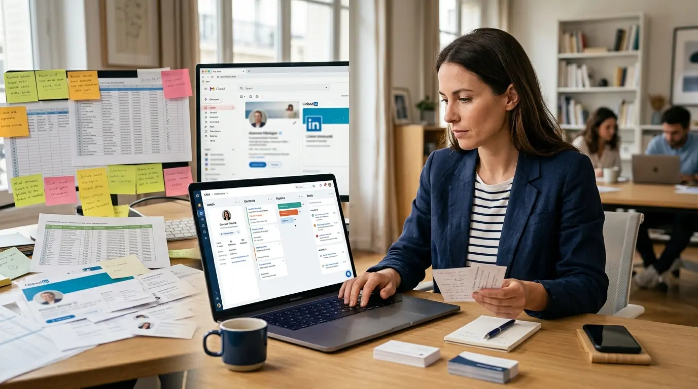 Équipe PME organisant des contacts éparpillés vers un folk crm sur un bureau moderne, ambiance calme et efficace.