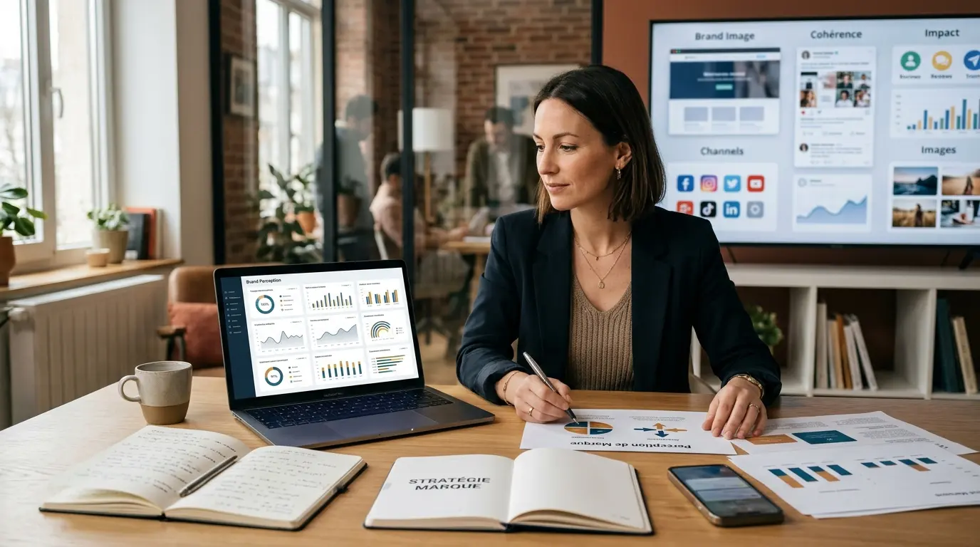 Entrepreneur analysant une stratégie d'image de la marque dans un bureau moderne, ambiance chaleureuse et professionnelle.
