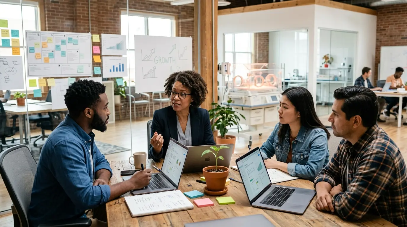 Espace de travail moderne d'un incubateur def avec une équipe diversifiée en session de mentorat autour d'une table.