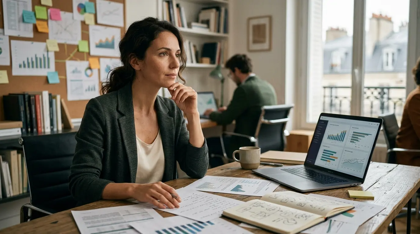 Business analyst réfléchissant sur des documents et graphiques, illustrant la définition des insights en marketing.