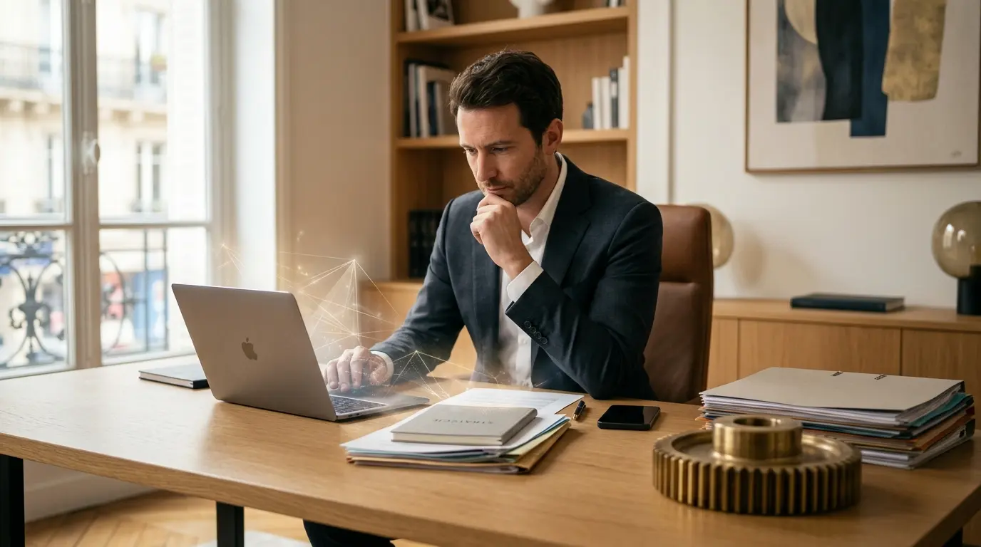 Couverture d'article sur l'intangibles définition, montrant un entrepreneur en réflexion dans un bureau chaleureux, entouré d'éléments symboliques.