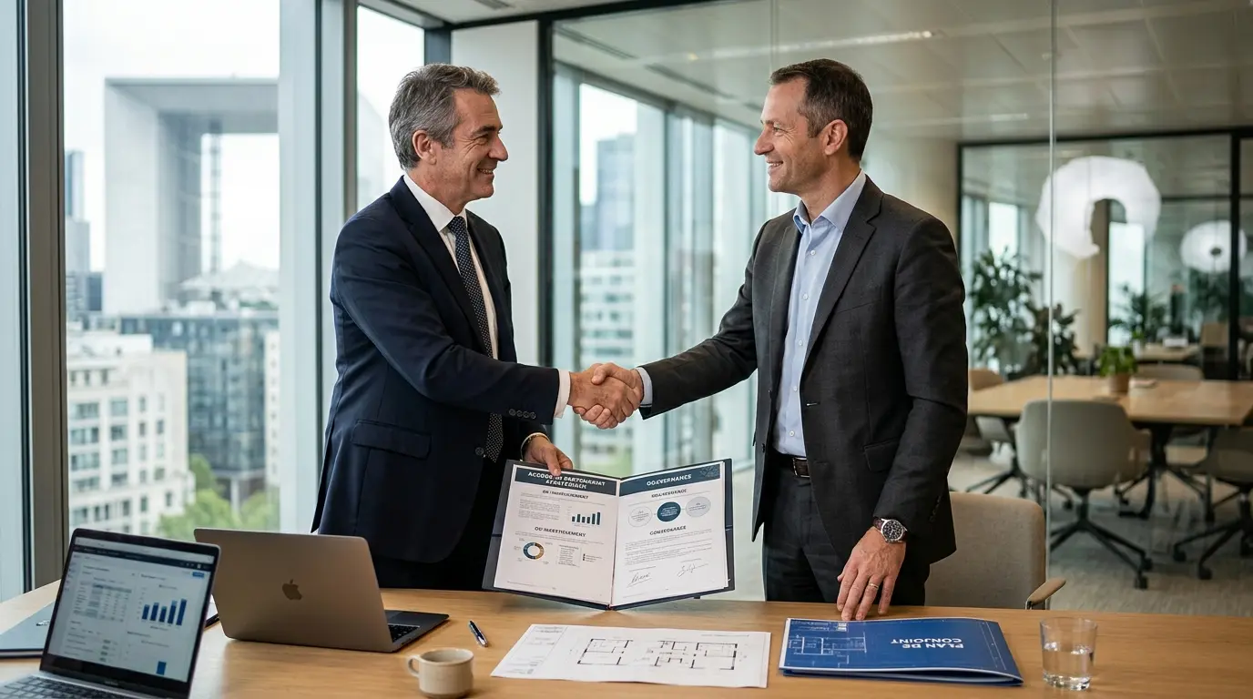 Deux dirigeants d'entreprises scellent un accord sur des joint-ventures dans une salle de réunion moderne, documents à l'appui.