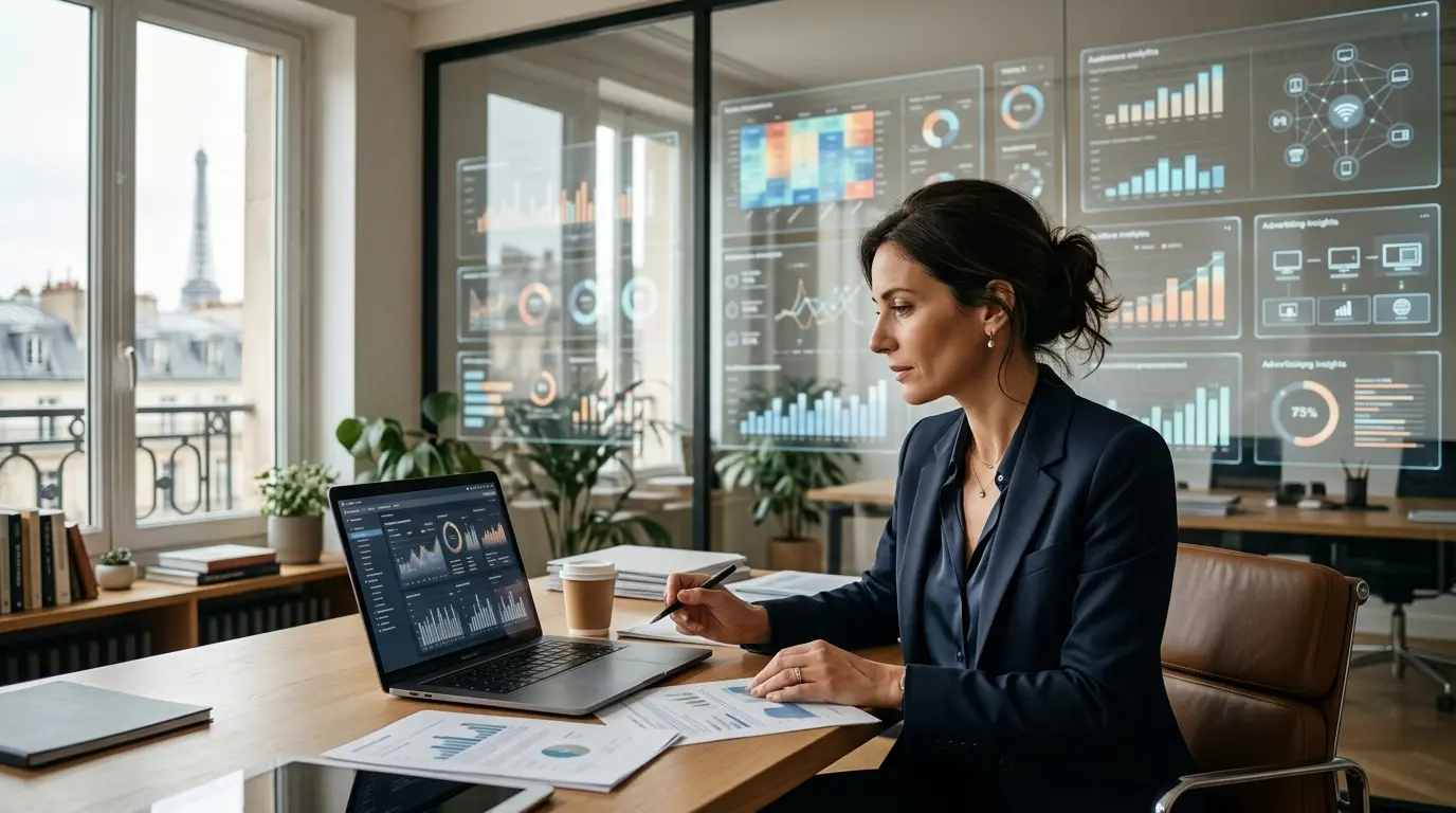 Couverture d'article sur la kantar media company, analyste examinant des tableaux de bord et graphiques dans un bureau moderne.