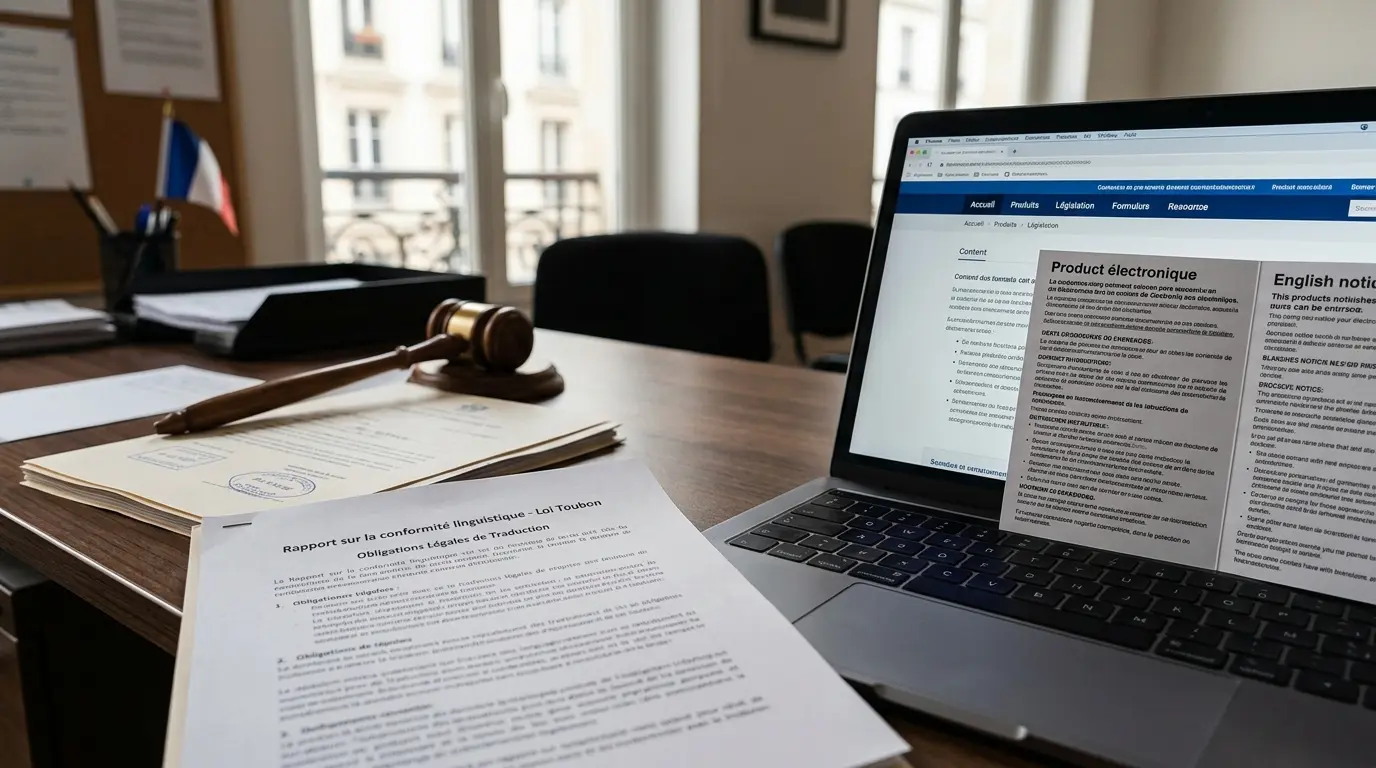 Bureau moderne avec document légal, ordinateur et avis bilingue, illustrant les lois toubon et la conformité linguistique.
