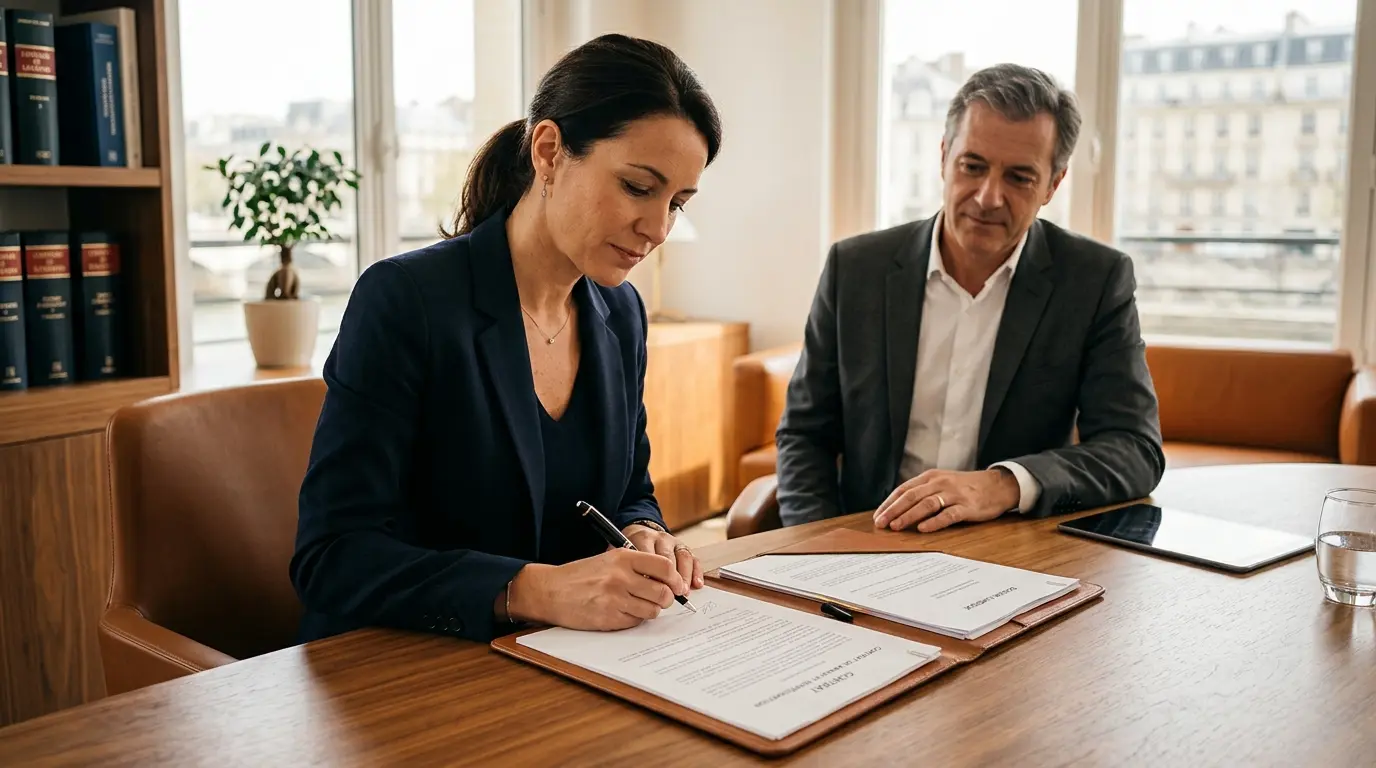 Professionnel dans un bureau moderne signant un document, illustrant la mandant définition et la relation de confiance.