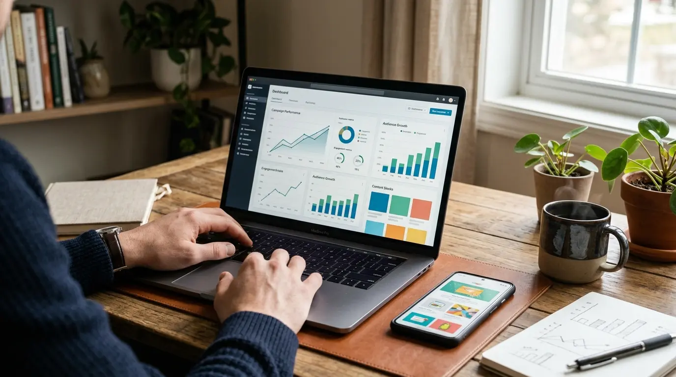 Espace de travail moderne avec un tableau de bord de newsletter def, smartphone, analyses et ambiance professionnelle.