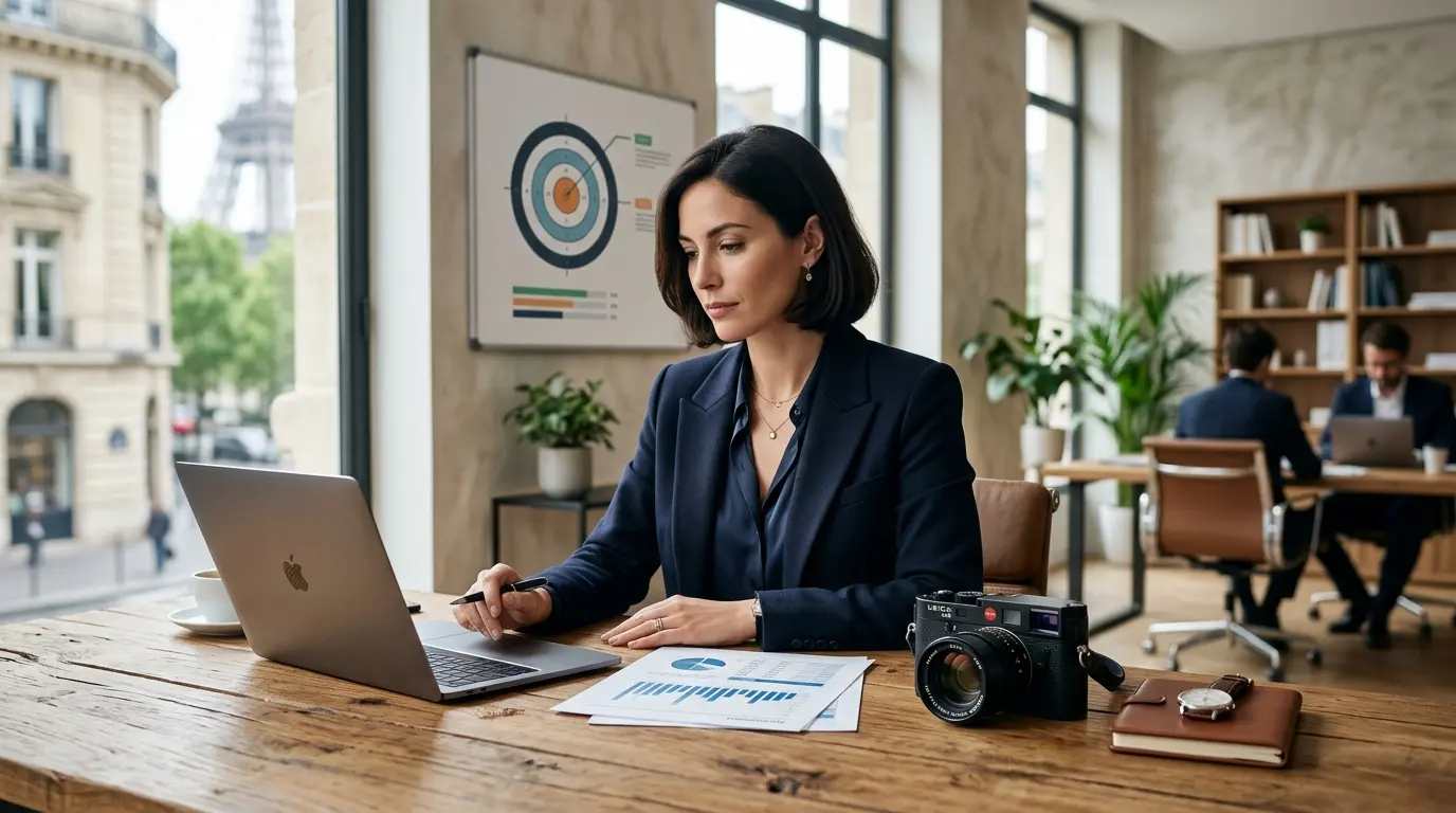 Scène de bureau moderne illustrant objectif définition avec cible, analyses de données et objectif photo intégrés.