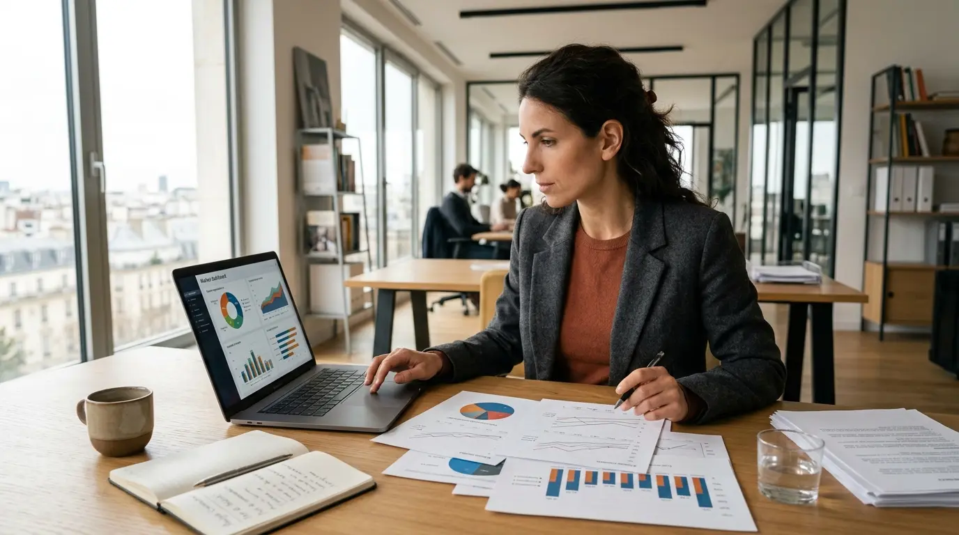 Analyste en entreprise examinant des graphiques de part marché sur un ordinateur dans un bureau moderne et lumineux.