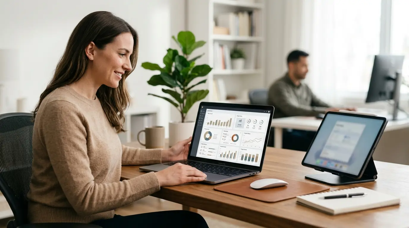 Couverture d'article montrant un professionnel utilisant picktochart sur un ordinateur portable, avec des infographies claires et un environnement de travail apaisant.