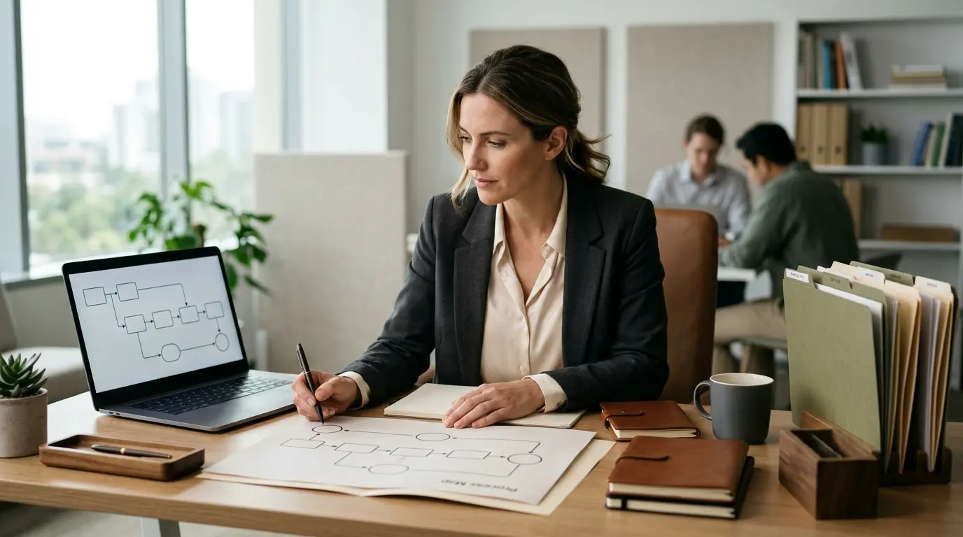Espace de travail organisé illustrant la rationalisation définition avec documents, cartes de processus et ambiance professionnelle.