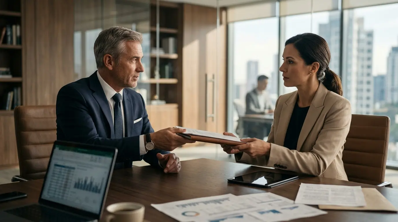 Couverture d'article sur la théorie de l'agence, montrant un dirigeant déléguant une décision dans un bureau moderne.