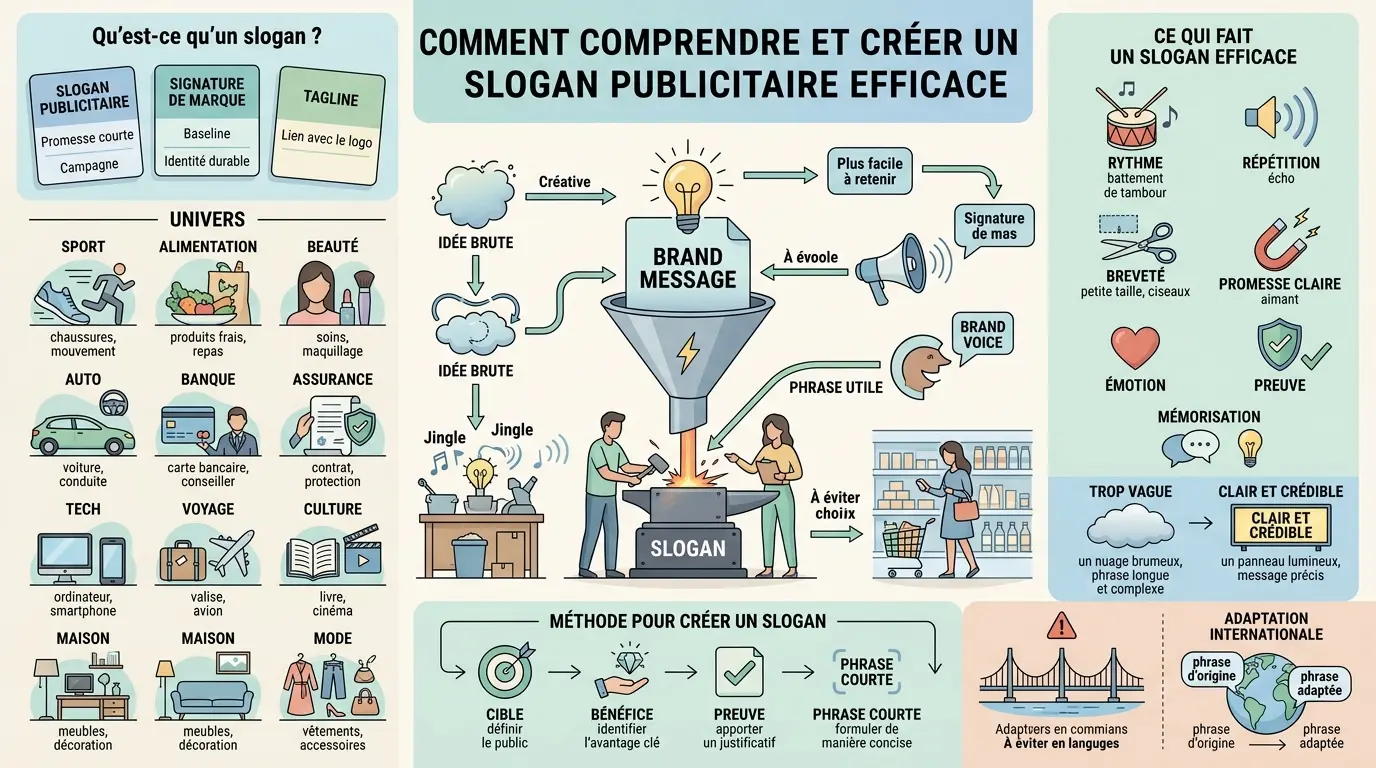 Infographie éducative sur 100 slogan publicitaire, illustrant la création d'un slogan efficace avec des métaphores visuelles.
