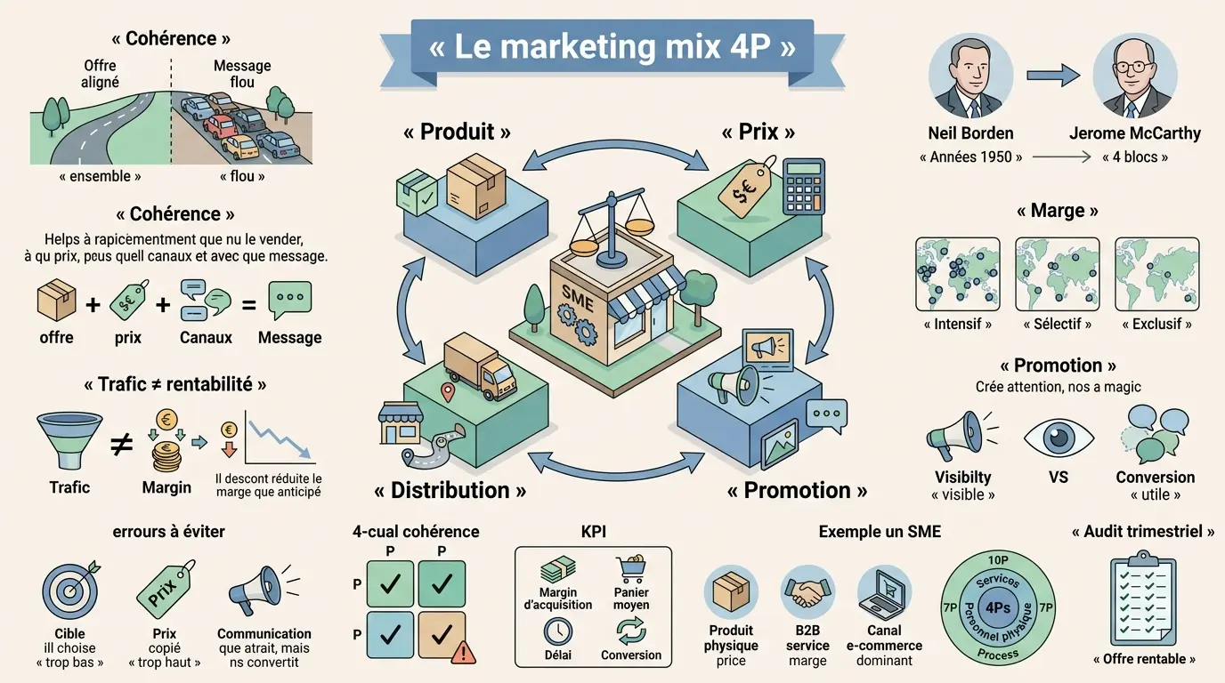Infographie moderne illustrant le 4p marketing mix pour PME, avec une boutique centrale et des leviers Produit, Prix, Distribution, Promotion.