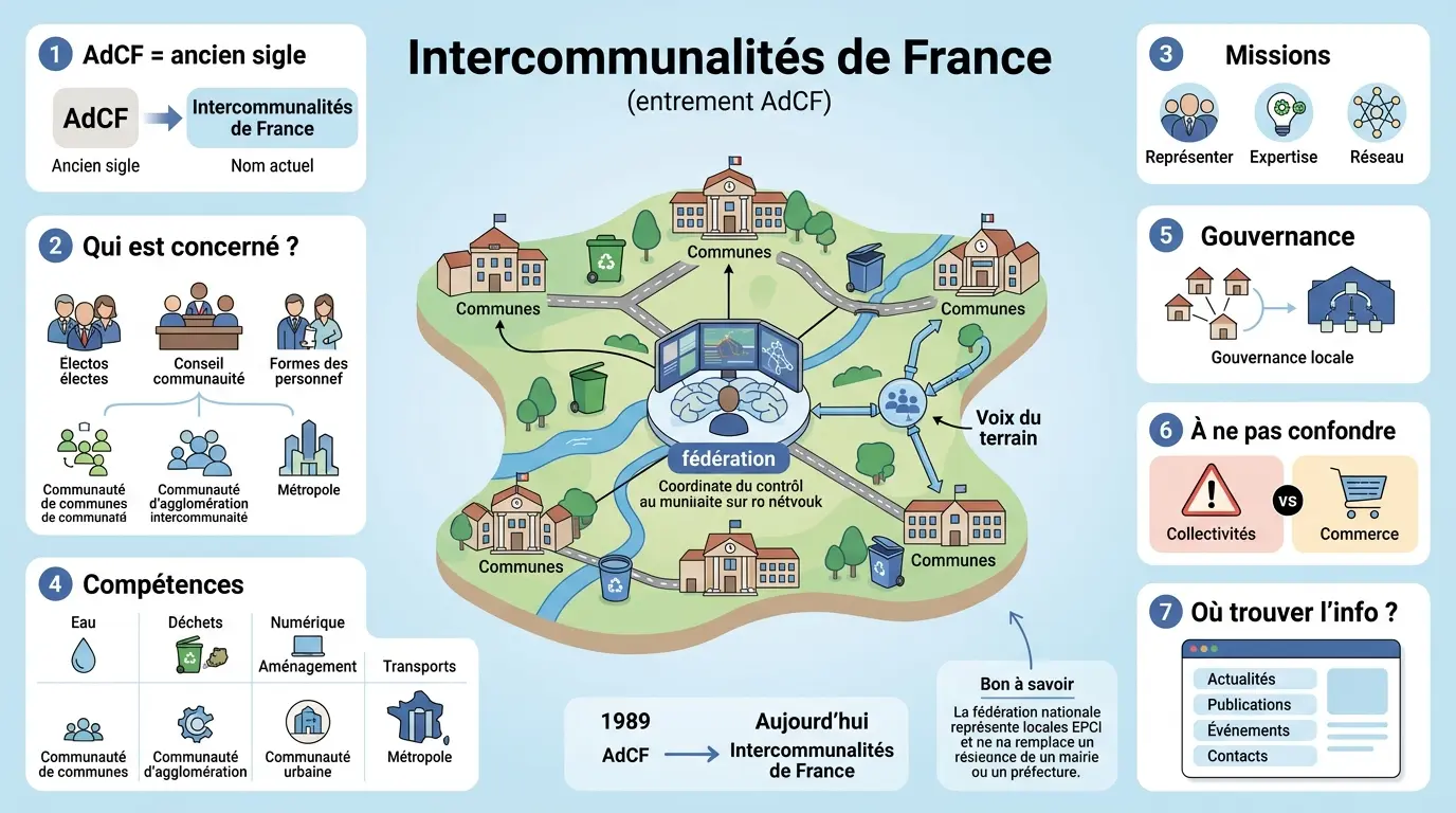 Infographie éducative sur l'adcf, illustrant les intercommunalités en France avec cartes, missions et gouvernance.