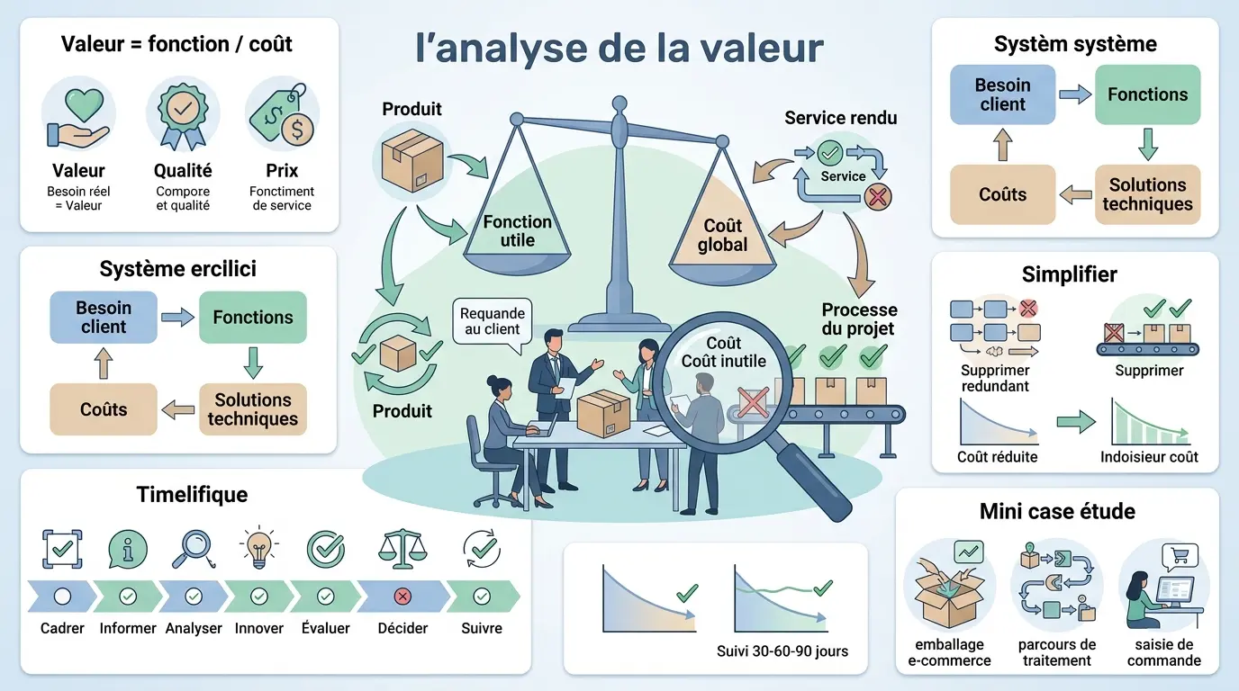 Infographie moderne sur l'analyse de la valeur, illustrant l'équilibre entre fonction utile et coût global avec des exemples pratiques.
