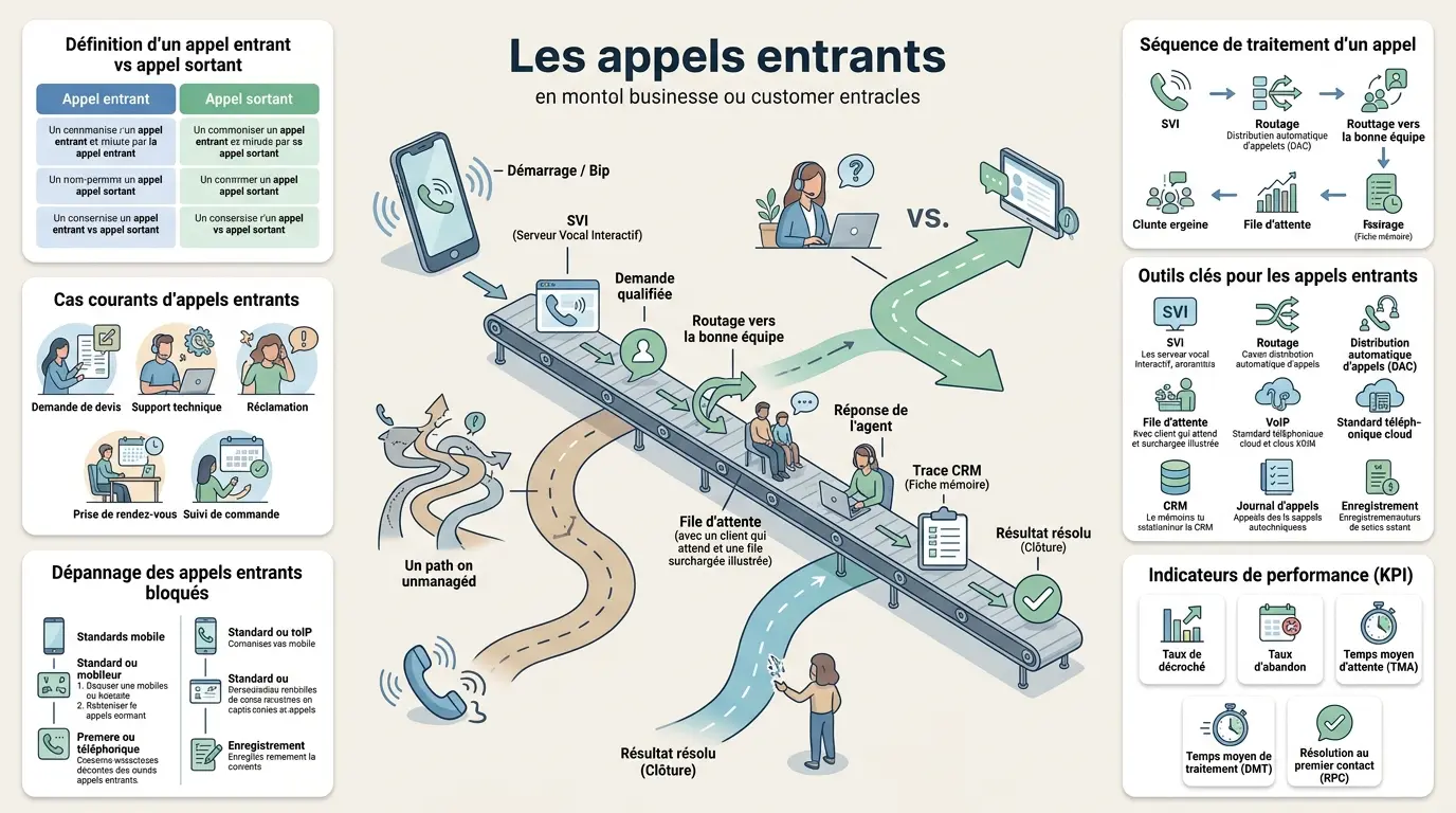 Infographie éducative sur les appels entrants, illustrant le parcours d'un appel, outils, et indicateurs clés en PME.