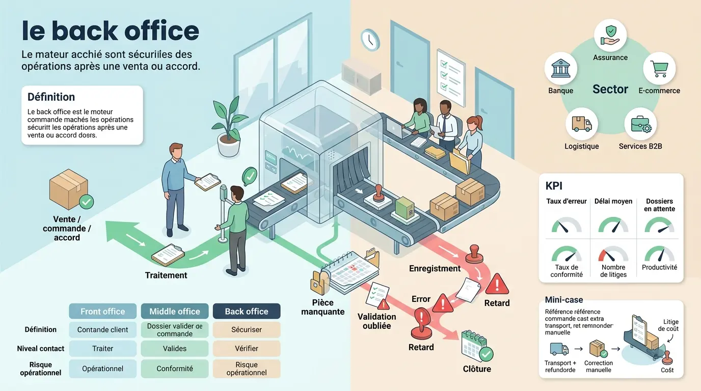 Infographie moderne expliquant la back office description avec un flux de traitement d'ordre et des indicateurs clés.