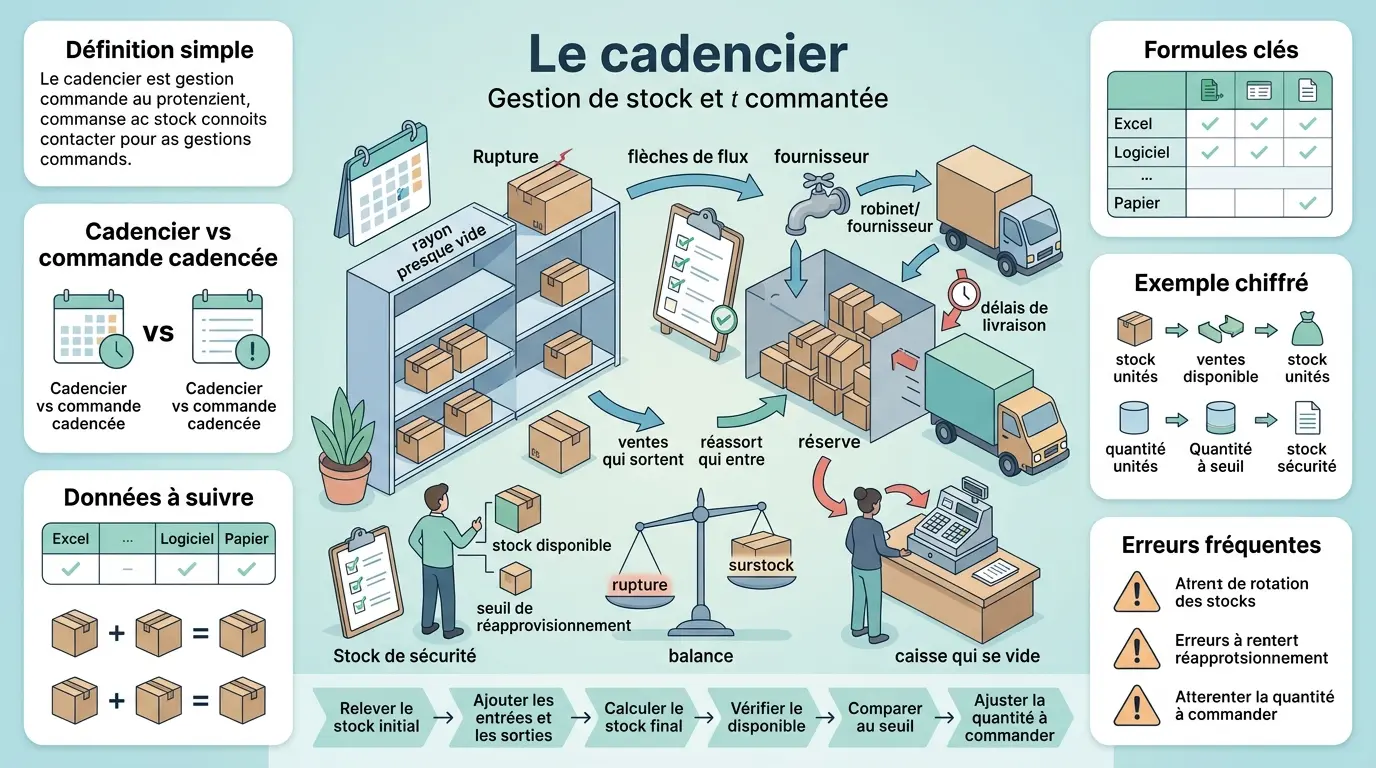 Infographie éducative sur le cadencier, illustrant la gestion des stocks avec des métaphores visuelles et des données clés.