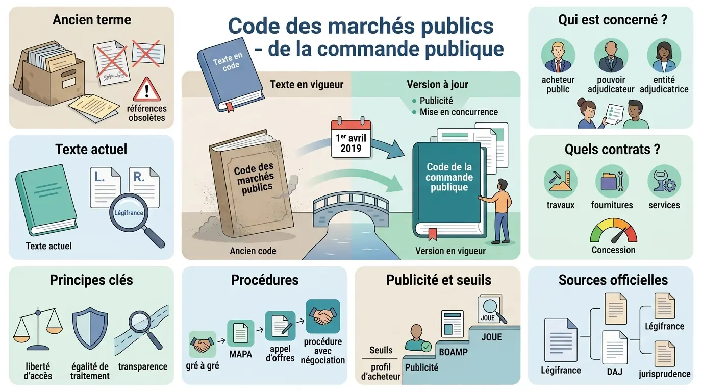 Infographie sur l'évolution du code des marchés publics vers le code de la commande publique, illustrant concepts clés et procédures.