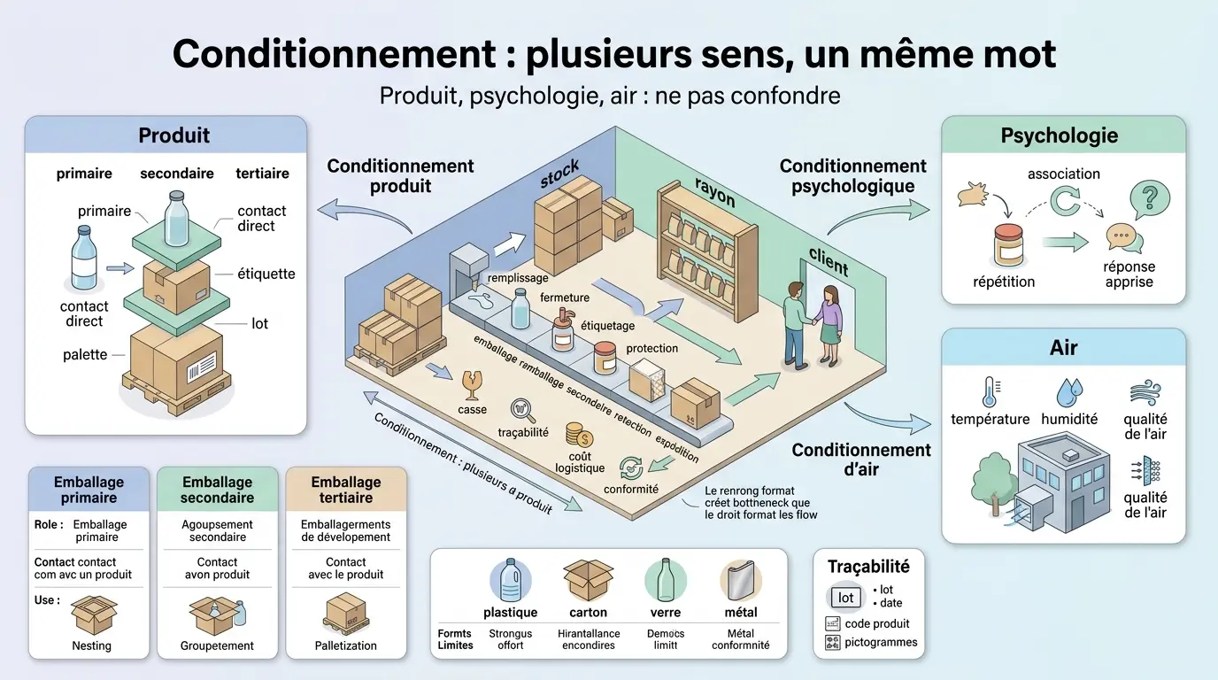 Infographie éducative sur le conditionnement, illustrant ses sens : produit, psychologie et air, avec un focus sur l'emballage.