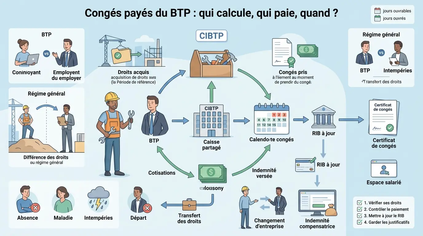 Infographie éducative sur les congés payés du bâtiment, illustrant le rôle de la CIBTP et les mécanismes de droits et paiements.