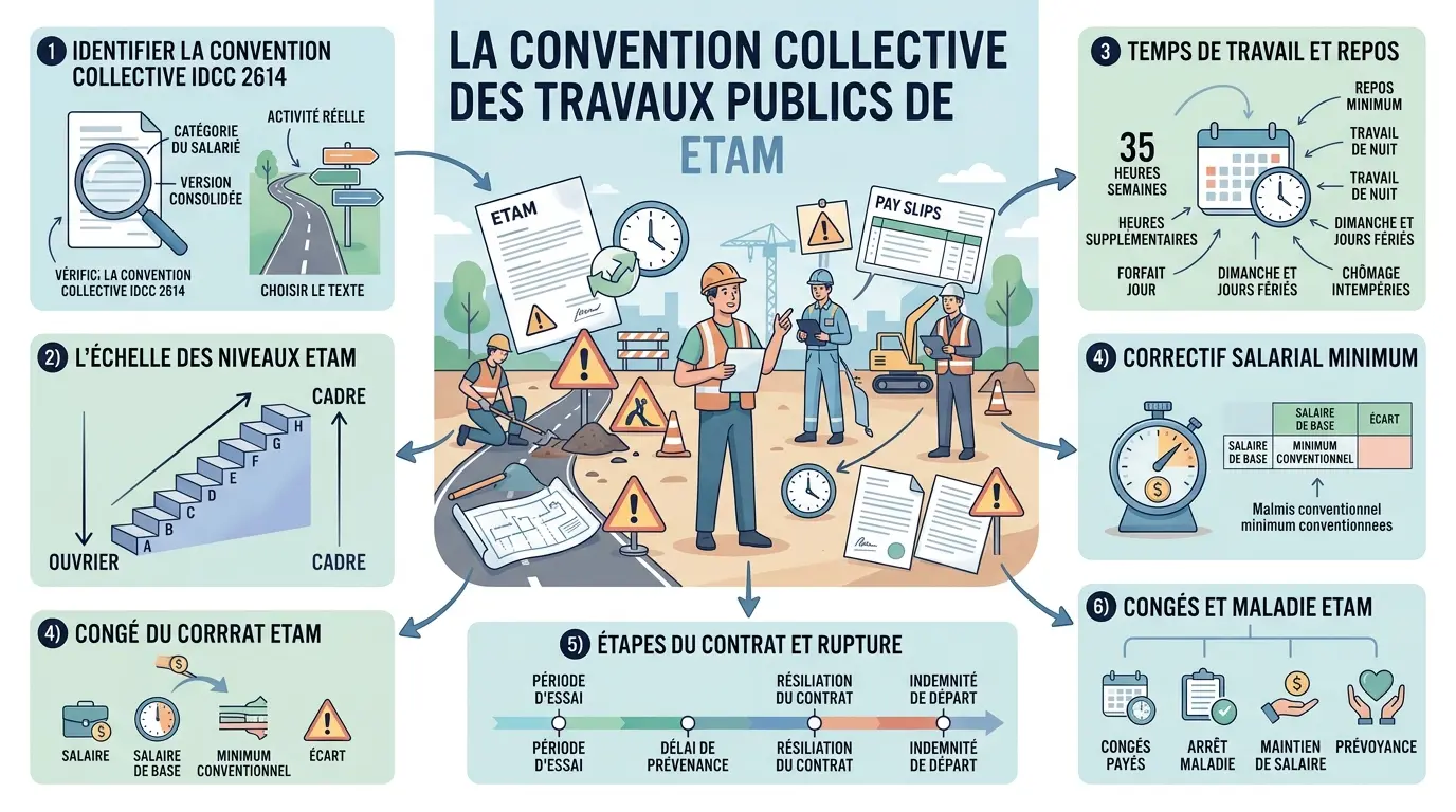 Infographie éducative sur la convention collective des travaux publics ETAM, illustrant classifications, règles de travail et salaires.