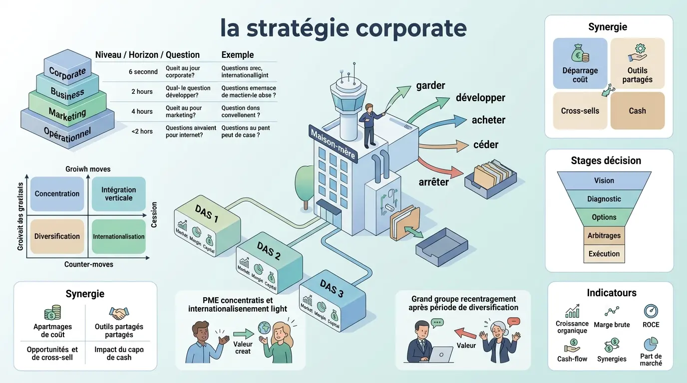 Infographie moderne sur la corporate stratégie, illustrant un siège central contrôlant un portefeuille d'activités.