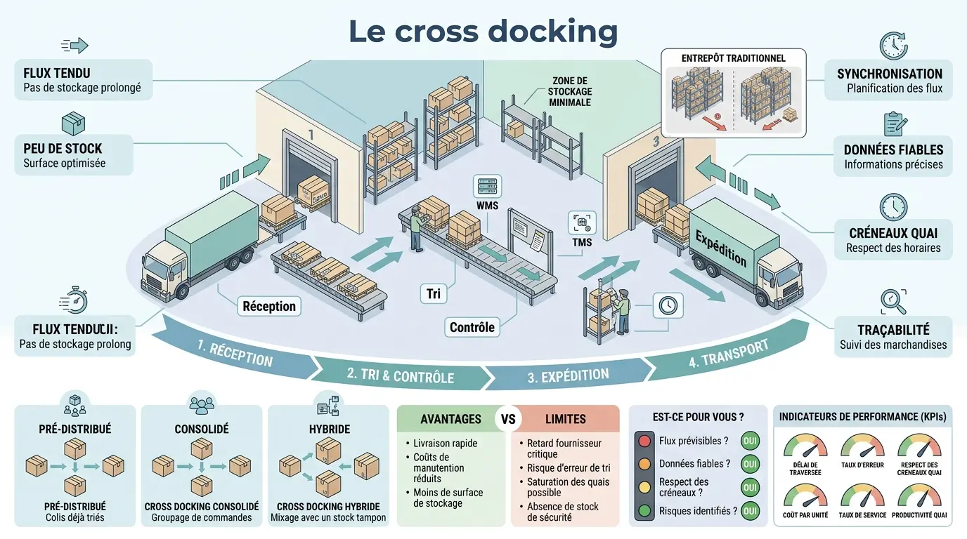 Infographie éducative sur le cross docking, illustrant le transfert rapide de palettes entre camions sans stockage prolongé.