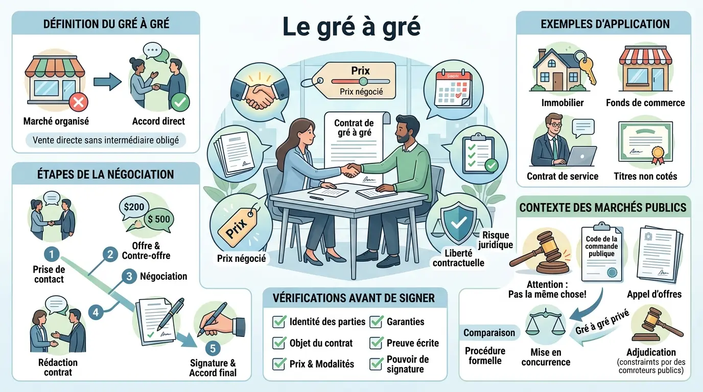 Infographie éducative sur le gré à gré, illustrant la négociation directe, étapes, exemples et risques juridiques.