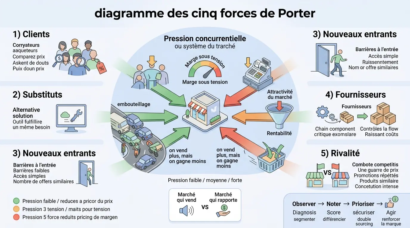 Infographie éducative illustrant le diagramme de porter avec forces concurrentielles, marges sous pression et acteurs du marché.