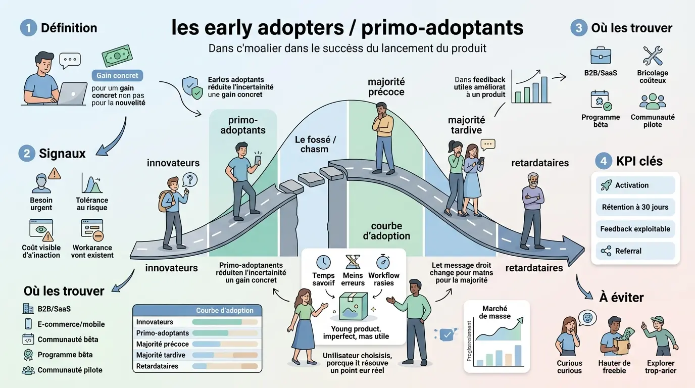 Infographie éducative sur les earlier adopters, illustrant leur rôle dans le succès des lancements de produits.