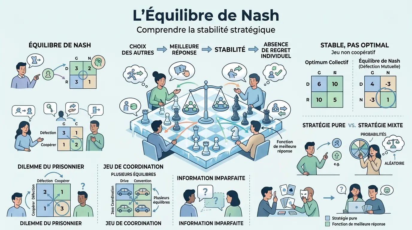 Infographie éducative illustrant l'équilibre de Nash avec joueurs, décisions stratégiques et métaphores visuelles.